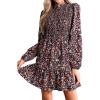 imageCUPSHE Womens Mini Dress Mock Neck Smocked Long Bishop Sleeves Tiered Ruffled Hem Woven A Line Short Cocktail DressesBlack Floral