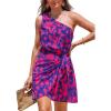 imageCUPSHE Womens One Shoulder Leaf Print Selftie Short Dress Sleeveless Tiered Hem Formal Dress Casual Mini DressRed Printed