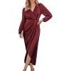imageCUPSHE Womens Satin Long Sleeve Midi Dress V Neck Wrap Elegant Cocktail Party Work DressesRed