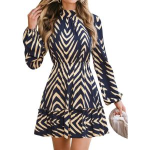 imageCUPSHE Ruffle Fall Dress for Women Geometric Stand Collar Long Sleeve Back Tie Cutout Smocked Mini DressesNavy