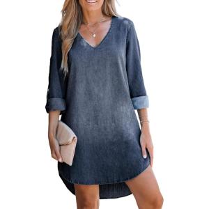 imageCUPSHE Women Fall Denim Shirt Dresses Cotton Long Sleeve V Neck Distressed Roll Tab Jean Mini DressDark Blue