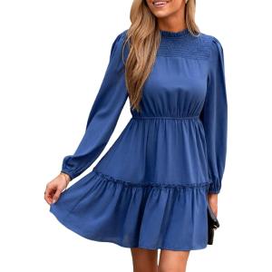 imageCUPSHE Women Ruffle Fall Dresses Long Bubble Sleeve Crewneck Smocked Waist Holiday Party Winter Mini DressBlue