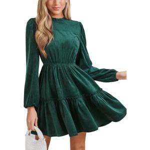 imageCUPSHE Women Ruffle Fall Dresses Long Bubble Sleeve Crewneck Smocked Waist Holiday Party Winter Mini DressGreen