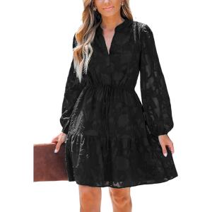 imageCUPSHE Women Ruffle Lace Mini Fall Dresses Semi Formal Wedding Guest Dress V Neck Long Puff Sleeve Elastic Waist TieBlack