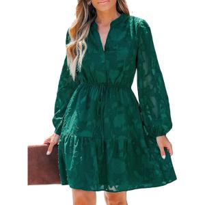 imageCUPSHE Women Ruffle Lace Mini Fall Dresses Semi Formal Wedding Guest Dress V Neck Long Puff Sleeve Elastic Waist TieGreen
