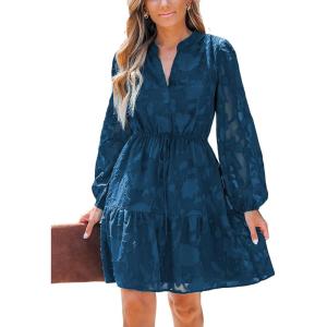 imageCUPSHE Women Ruffle Lace Mini Fall Dresses Semi Formal Wedding Guest Dress V Neck Long Puff Sleeve Elastic Waist TieNavy Blue