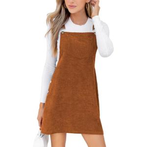 imageCUPSHE Womens Corduroy Overall Mini Fall Dress Square Neck Adjustable Straps Front Pocket Side Buttons Autumn DressesBrown