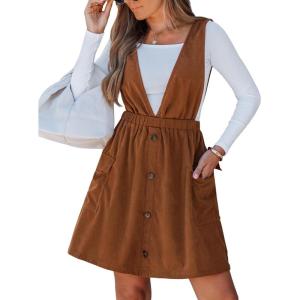 imageCUPSHE Womens Deep V Neck Fall Mini Dress A Line Sleeveless Overall Dress Elastic Waist Side Pockets Casual JumperBurnt Orange