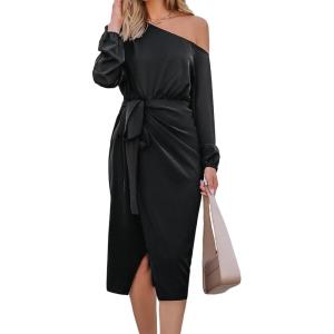 imageCUPSHE Womens Fall Dress One Shoulder Tie Front Puff Long Sleeve Bodycon Wrap Cocktail Midi DressesBlack
