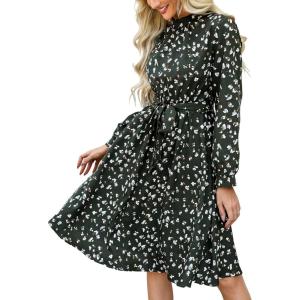 imageCUPSHE Womens Fall Dresses 2025 High Neck Long Sleeve Belted Printed Long Flowy Midi Casual DressGreen