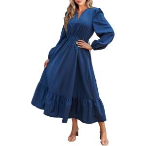 imageCUPSHE Womens Fall Dresses 2025 Long Sleeve V Neck Casual Outfits A Line Tunic Waist Ruffled Vacation Flowy Maxi Party DressBlue