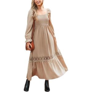 imageCUPSHE Womens Fall Dresses 2025 Square Neck Smocked Long Sleeve Ruffled Lace Long Formal A Line Maxi Wedding Guest DressBeige