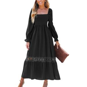 imageCUPSHE Womens Fall Dresses 2025 Square Neck Smocked Long Sleeve Ruffled Lace Long Formal A Line Maxi Wedding Guest DressBlack