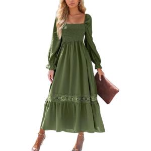 imageCUPSHE Womens Fall Dresses 2025 Square Neck Smocked Long Sleeve Ruffled Lace Long Formal A Line Maxi Wedding Guest DressOlive Green