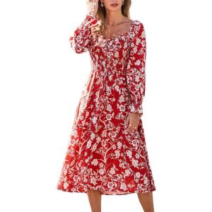 imageCUPSHE Womens Fall Dresses 2025 Square Neck Smocked Long Sleeve Ruffled Lace Long Formal A Line Maxi Wedding Guest DressRed Floral