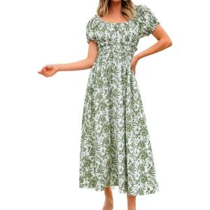 imageCUPSHE Womens Floral Summer Dresses Ruffle Short Puff Sleeve Smocked Waist Squared Neck Maxi DressGreen