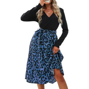 imageCUPSHE Womens Leopard Print Panel A Line Midi Dress Long Sleeve V Neck Waist Tie Wrap Casual Fall DressesBlue Leopard