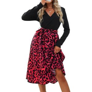 imageCUPSHE Womens Leopard Print Panel A Line Midi Dress Long Sleeve V Neck Waist Tie Wrap Casual Fall DressesRed Leopard