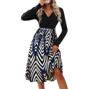 imageCUPSHE Womens Leopard Print Panel A Line Midi Dress Long Sleeve V Neck Waist Tie Wrap Casual Fall DressesRoyal Blue Geo