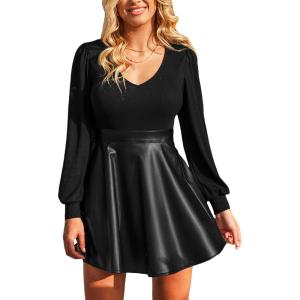 imageCUPSHE Womens Long Sleeve Fall Mini Dress V Neck High Waist A Line Ruffle Faux Leather DressssBlackblack