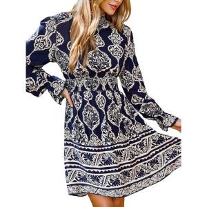 imageCUPSHE Womens Mock Neck Floral Mini Fall Dress Long Ruffle Sleeve Elastic Waist Smocked Casual Flowying Mini DressesBlack Paisley