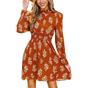 imageCUPSHE Womens Mock Neck Floral Mini Fall Dress Long Ruffle Sleeve Elastic Waist Smocked Casual Flowying Mini DressesBurnt Orange