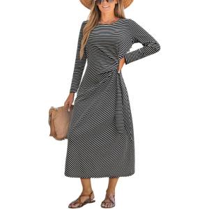 imageCUPSHE Womens Striped Midi Casual Dresses Cotton Fall Long Sleeve Tie Front DressStriped