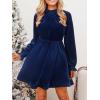 imageCUPSHE Womens Fall Dresses 2025 High Neck Long Sleeve Mini Party Ruffled Casual Tunic Velvet Wedding Guest DressNavy Blue