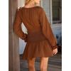 imageCUPSHE Womens Fall Dresses Long Sleeve Drawstring Ruffled Casual Smocked Tunic Waist Elegant Party Mini DressesBrown