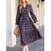 imageCUPSHE Womens Plaid Ruffle Maxi Dress V Neck Long Sleeve Smocked Waist Fall Casual Party DressesNacy Blue