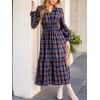 imageCUPSHE Womens Plaid Ruffle Maxi Dress V Neck Long Sleeve Smocked Waist Fall Casual Party DressesNacy Blue