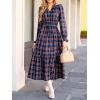 imageCUPSHE Womens Plaid Ruffle Maxi Dress V Neck Long Sleeve Smocked Waist Fall Casual Party DressesNacy Blue