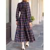 imageCUPSHE Womens Plaid Ruffle Maxi Dress V Neck Long Sleeve Smocked Waist Fall Casual Party DressesNacy Blue