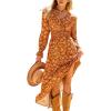imageCUPSHE Maxi Dresses for Women V Neck Ruffled Long Sleeve Paisley Smocked Waist A Line Casual Flowy Fall Wedding Guest DressBurnt Orange