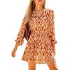 imageCUPSHE Women Fall Dresses Boho Floral Drawstring V Neck Ruffle Hem Sundress Long Sleeve Smocked Mini DressBrown