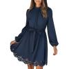imageCUPSHE Women Fall Dresses Scallop Trim Cutout Smocked Mock Neck Tie Waist Long Sleeve A Line Flowy Mini DressNavy