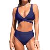 imageCUPSHE Womens Bikini Sets High Waisted Two Piece Swimsuit V Neck Wrapped Front Bathing Suit Cutout Back Self TieNavy Blue