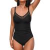 imageCUPSHE Womens One Piece Swimsuit Bathing Suit V Neck Back Hook Cutout Adjustable Straps Ruched MeshBlack
