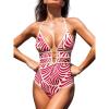 imageCUPSHE Womens One Piece Swimsuit Halter Plunging Neck Cutout Back Bathing Suit Spaghetti Adjustable Straps O RingCrimson RedWhite Striped