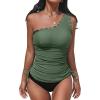 imageCUPSHE Womens Tankini Sets One Shoulder Scalloped Neck Two Piece Bathing Suit Side Tie Ruched SwimsuitOlive GreenBlack