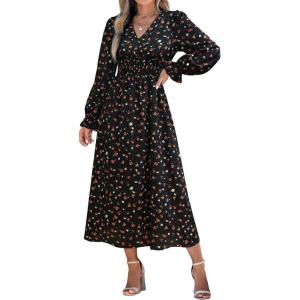 imageCUPSHE Maxi Dresses for Women V Neck Ruffled Long Sleeve Paisley Smocked Waist A Line Casual Flowy Fall Wedding Guest DressBlack Floral