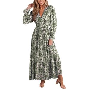 imageCUPSHE Maxi Dresses for Women V Neck Ruffled Long Sleeve Paisley Smocked Waist A Line Casual Flowy Fall Wedding Guest DressGreen Paisley