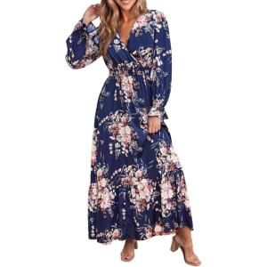 imageCUPSHE Maxi Dresses for Women V Neck Ruffled Long Sleeve Paisley Smocked Waist A Line Casual Flowy Fall Wedding Guest DressNavy Floral