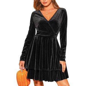 imageCUPSHE Women Fall Dresses Velvet Cocktail V Neck Long Sleeve Elastic Waist Flare Skater Mini DressBlack