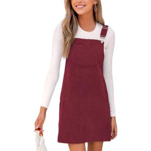 imageCUPSHE Womens Corduroy Overall Mini Fall Dress Square Neck Adjustable Straps Front Pocket Side Buttons Autumn DressesRed