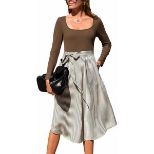 imageCUPSHE Womens Fall Casual Work Dress Long Sleeve Square Neck Waist Tie Abstract Print Midi DressesBrownstripe