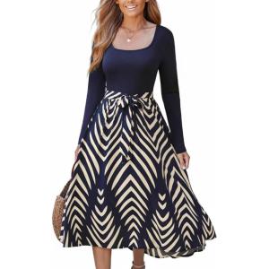 imageCUPSHE Womens Fall Casual Work Dress Long Sleeve Square Neck Waist Tie Abstract Print Midi DressesNavy Blue
