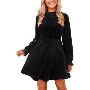 imageCUPSHE Womens Fall Dresses 2025 High Neck Long Sleeve Mini Party Ruffled Casual Tunic Velvet Wedding Guest DressBlack