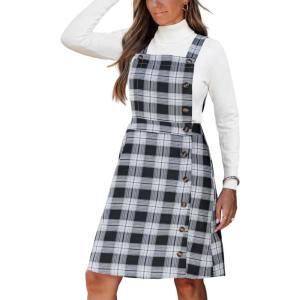 imageCUPSHE Womens Fall Dresses Plaid Button Square Neck A Line Casual Pinafore Overall Midi DressBlack