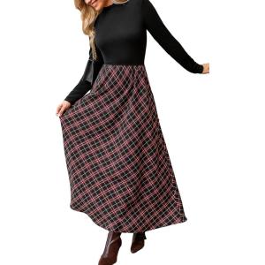 imageCUPSHE Womens Fall Dresses Plaid Long Sleeves Round Neck Casual Outfits A Line Maxi DressBlack